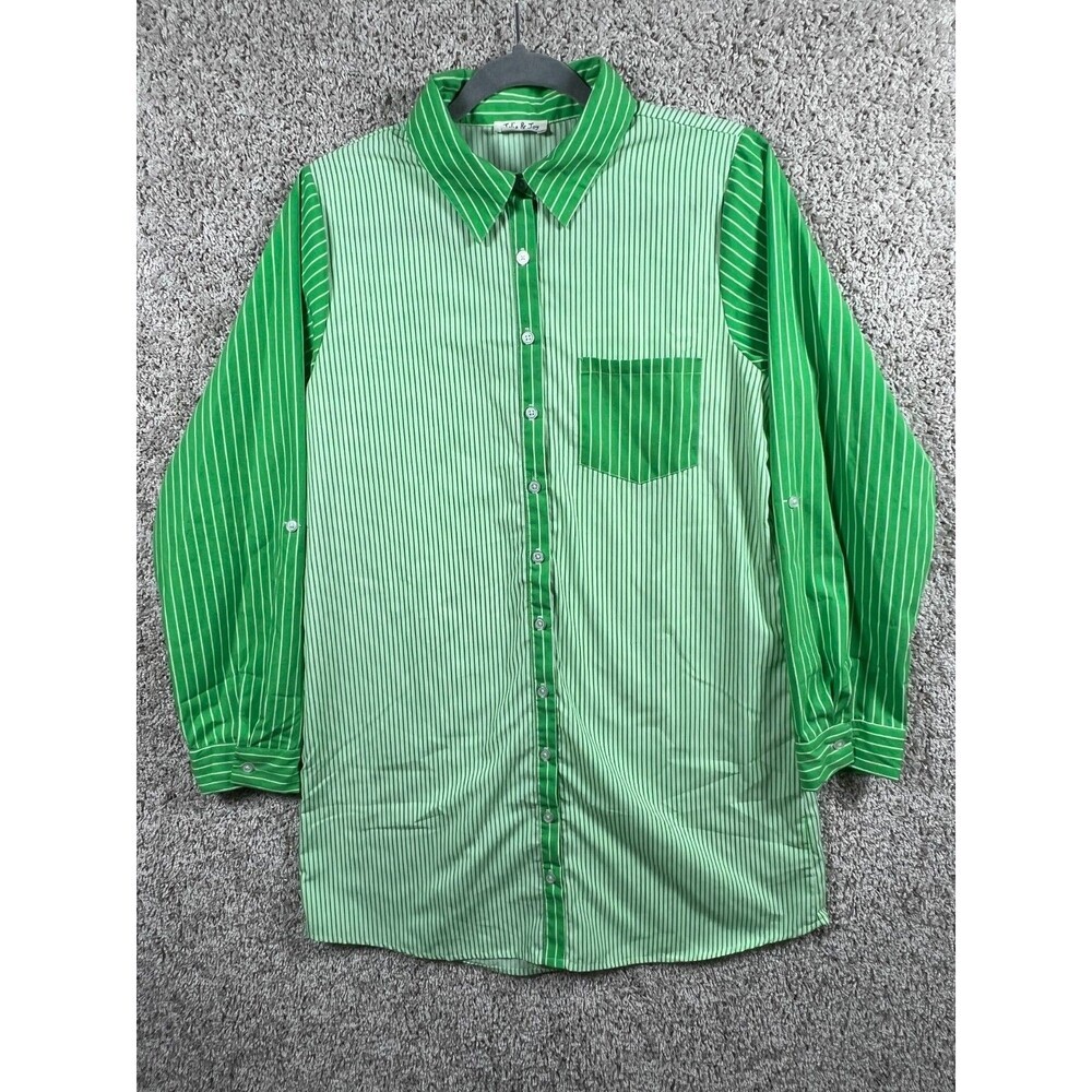 Jolie & Joy Women Button Down Shirt Large Green Striped Long Sleeve Casual Offic